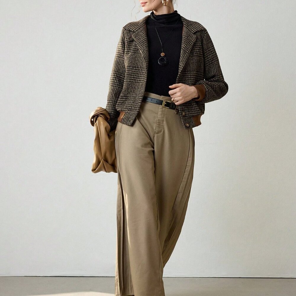 Brown Elegant Women's Plaid Woven Turndown Collar Sleeve Buttoned Jacket - Picture 7 of 8